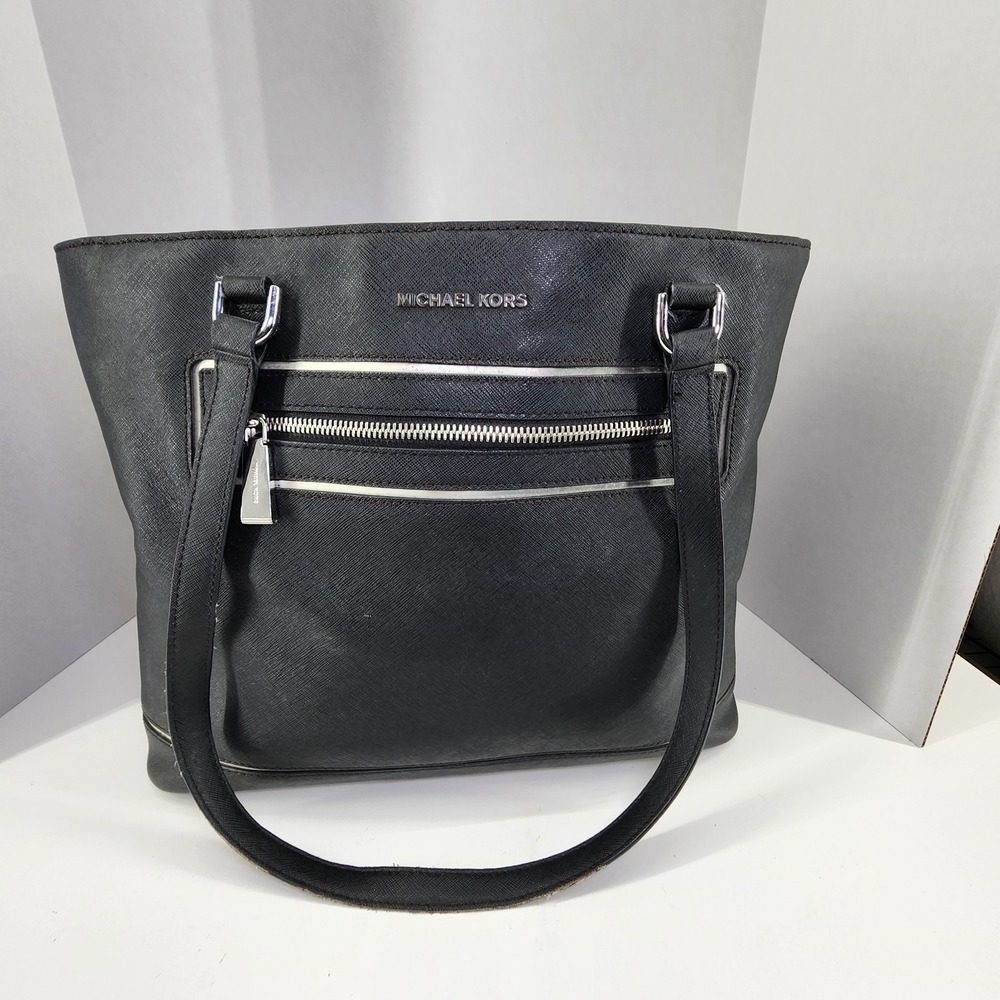 Michael Kors Frame Out North South Black Leather  Tote Bag